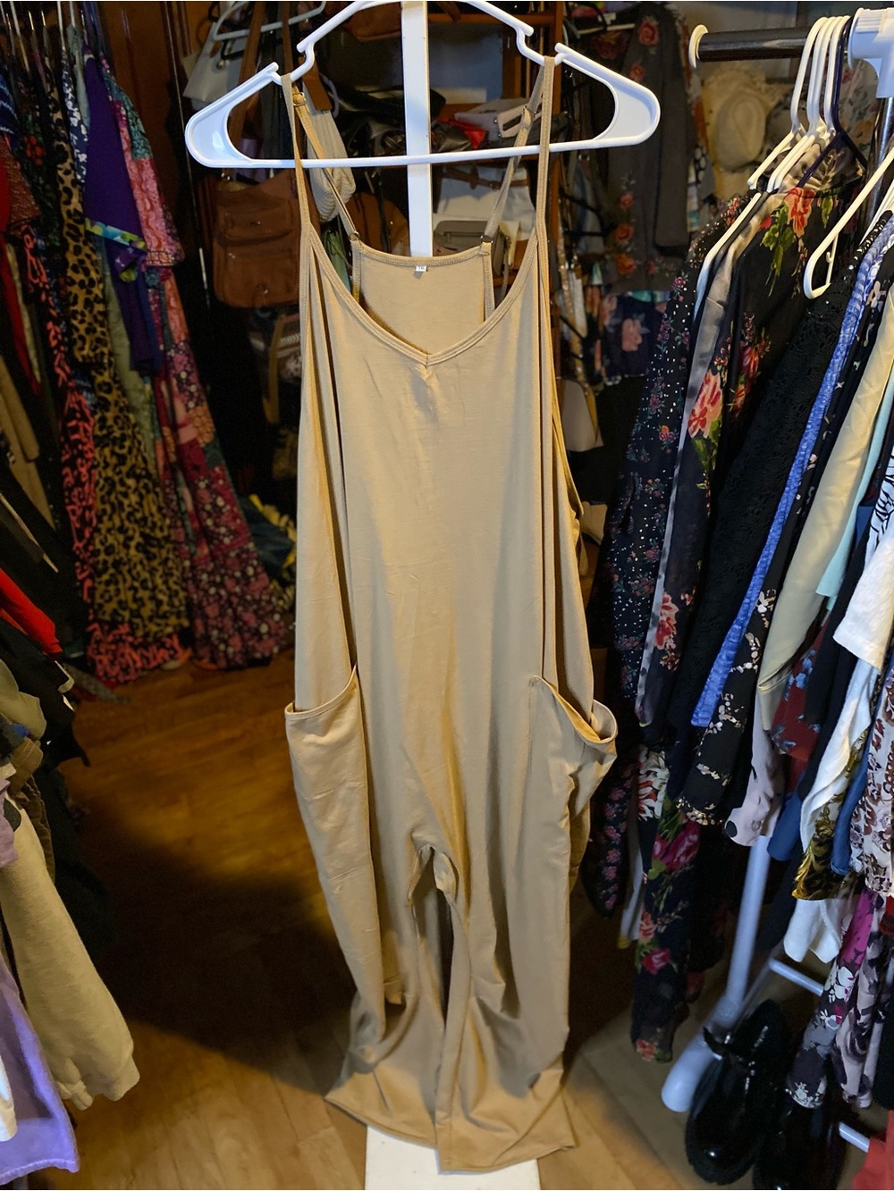 Women’s Tan Wide-Leg Jumpsuit with Pockets
